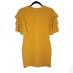 Ladies Mustard Flutter Sleeve Short Dress M